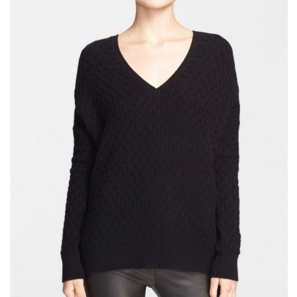 Vince Black Double V Textured Sweater Wool and Cashmere Size Medium